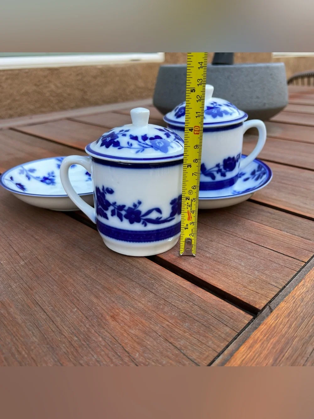 Set of Two Williams Sonoma Teacups with Lids Saucers Cobalt Blue Floral & White